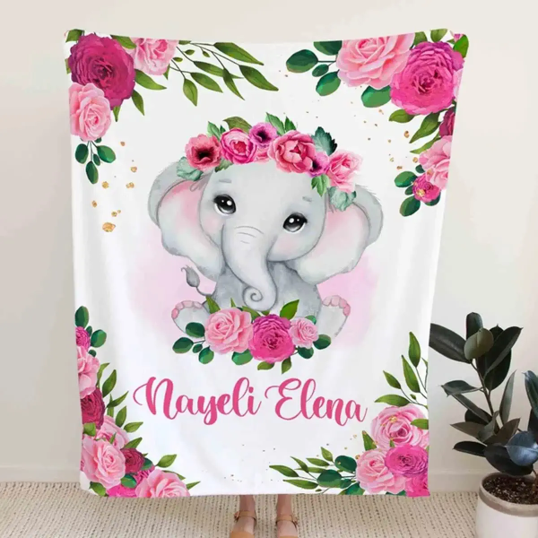 Personalized Baby Name Blanket, Elephant Blanket, Flower Blanket, Rose