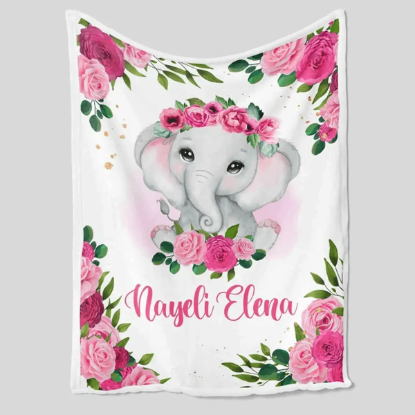 Personalized Baby Name Blanket, Elephant Blanket, Flower Blanket, Rose - Image 2