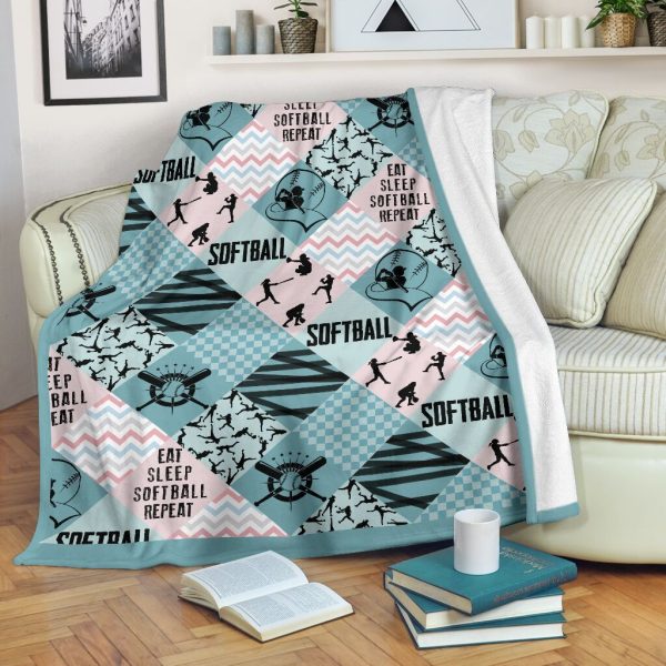 Softball Pattern Cross X Blue And White Fleece Blanket Gift Fleece Bla