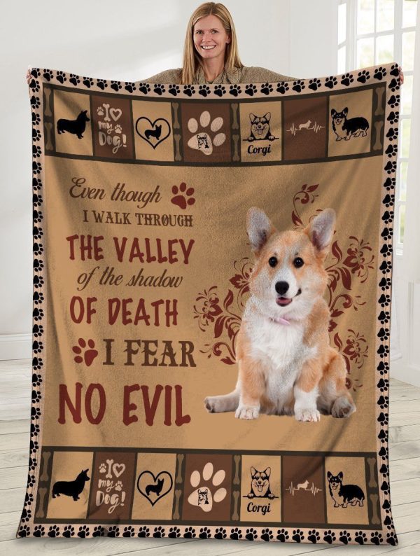 Even Though I Walk Through The Valley Corgi Dog Fleece Blanket