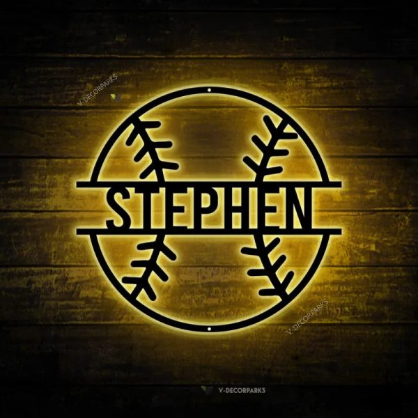 Custom Baseball Metal Wall Art With Led Light, Personalized Baseball P